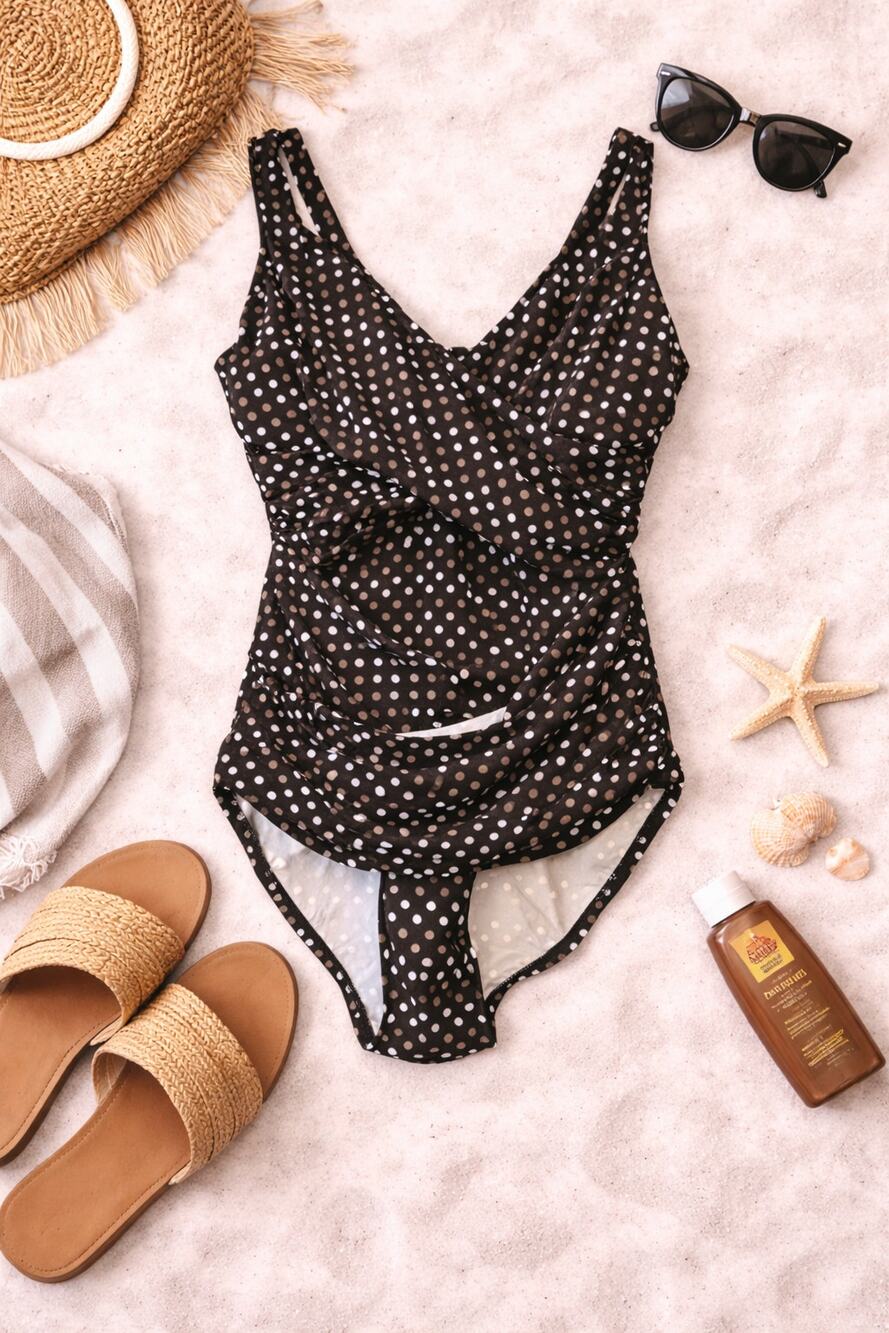 Trimshaper Women's Polka Dot One Piece Wrap Swimsuit Sleeveless Black/White 10